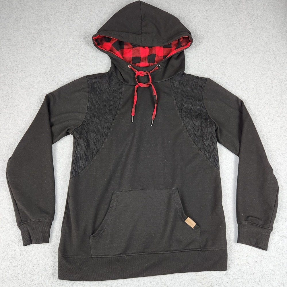 Maurices Hoodie Mens Medium Black Buffalo Plaid Lined Cable Knit Panel‎ Pullover